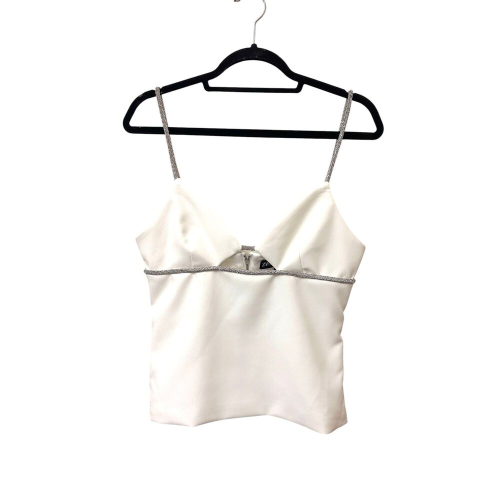 ZARA Rhinestone Cutout Crop Top White Medium NEW NWOT